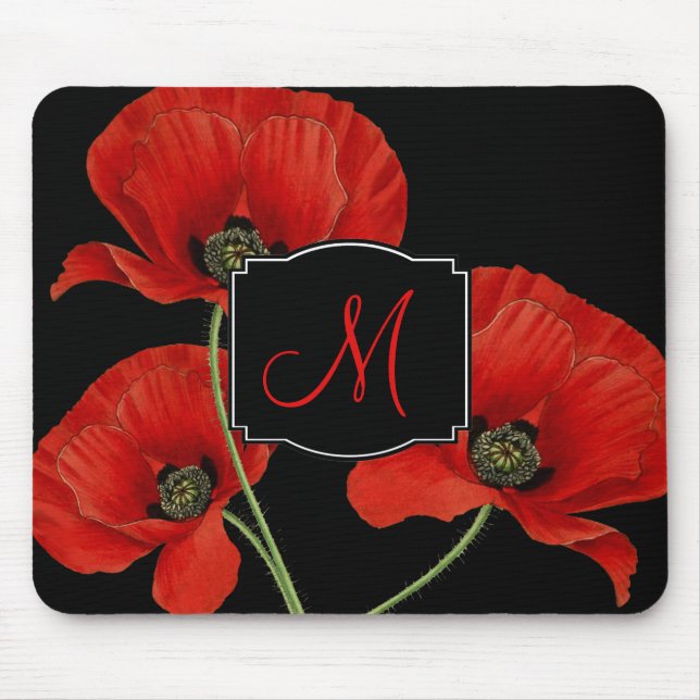 Vintage Poppies Botanical with Monogram Mouse Pad (Front)