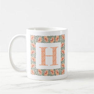 Vintage Poppies Monogram Peach Green Floral Wreath Coffee Mug