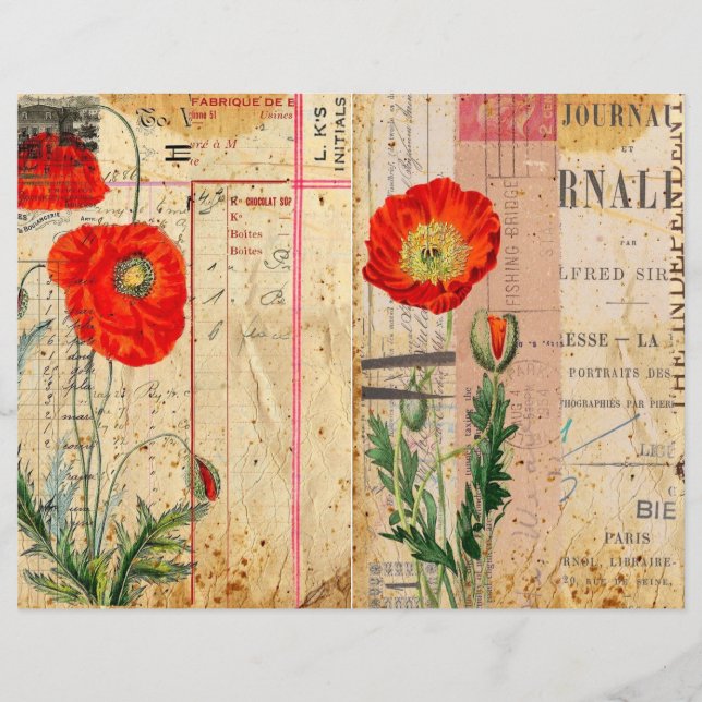 Vintage Poppies Shabby Chic Scrapbook Paper  (Front)
