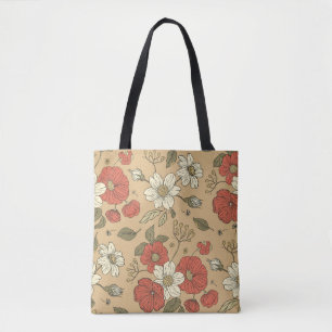 Vintage poppy and daisy flower seamless garden pat tote bag