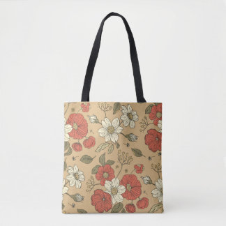 Vintage poppy and daisy flower seamless garden pat tote bag