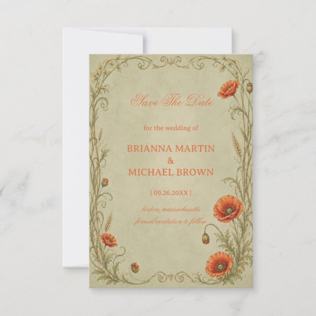 Vintage Poppy Botanical Save The Date (Front)