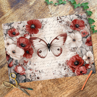 Vintage  Poppy floral and butterfly decoupage Tissue Paper