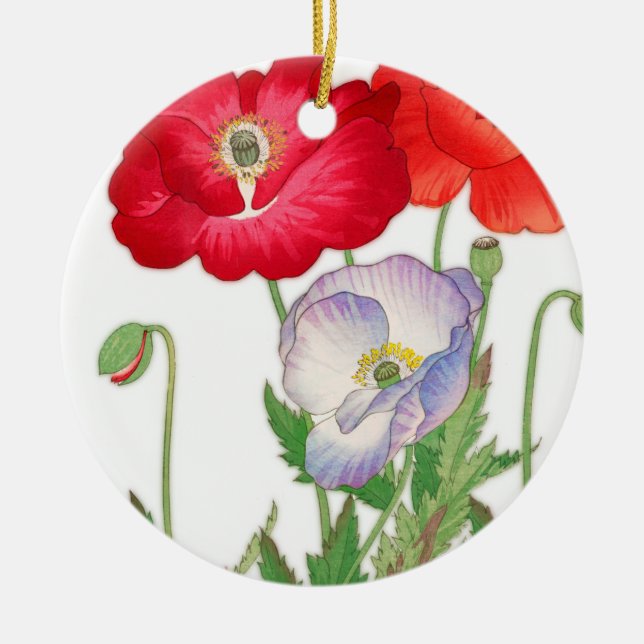 Vintage poppy flower, floral  ceramic ornament (Front)