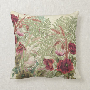 Vintage Poppy Flowers Wheat & Ferns Throw Pillow