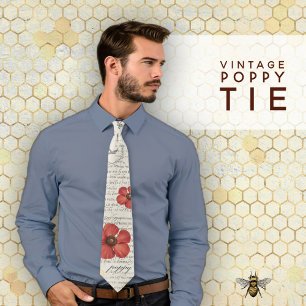 Vintage Poppy Illustration on Newsprint Tie