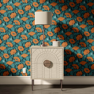 Vintage Poppy in teal orange black Wallpaper