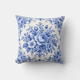 Vintage Porcelain Elegance Blue Floral Throw Pillow