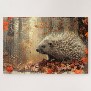 Vintage Porcupine in Autumn Leaves 20x30 Jigsaw Puzzle