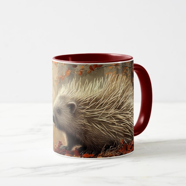 Vintage Porcupine in Autumn Leaves Mug (Front Right)