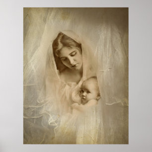 Vintage Portrait, Loving Mother Holding Baby Child Poster