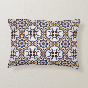 Vintage Portuguese Azulejo Blue Yellow Pattern Decorative Pillow