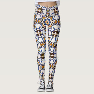 Vintage Portuguese Azulejo Blue Yellow Pattern Leggings