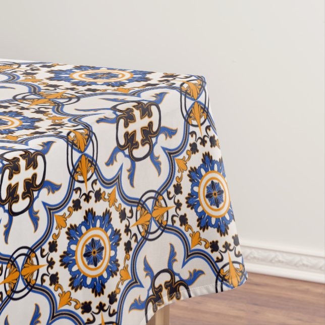 Vintage Portuguese Azulejo Blue Yellow Pattern Tablecloth (In Situ)