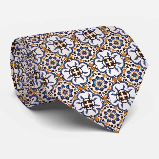 Vintage Portuguese Azulejo Blue Yellow Pattern Tie (Rolled)