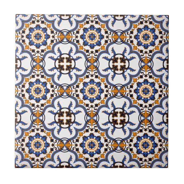 Vintage Portuguese Azulejo Blue Yellow Pattern Tile (Front)