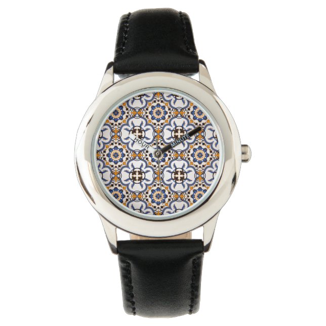 Vintage Portuguese Azulejo Blue Yellow Pattern Watch (Front)