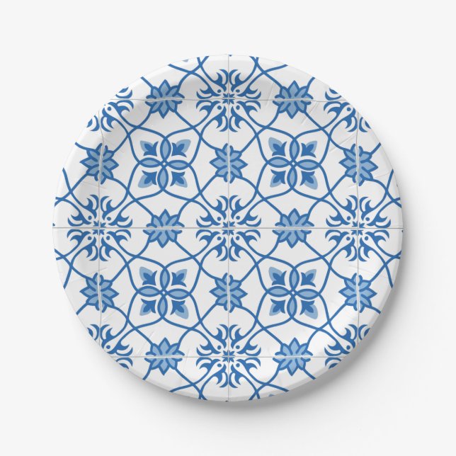 Vintage Portuguese Azulejo Tile Pattern Paper Plate (Front)