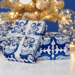 Vintage Portuguese Azulejo Tile Pattern Wrapping Paper