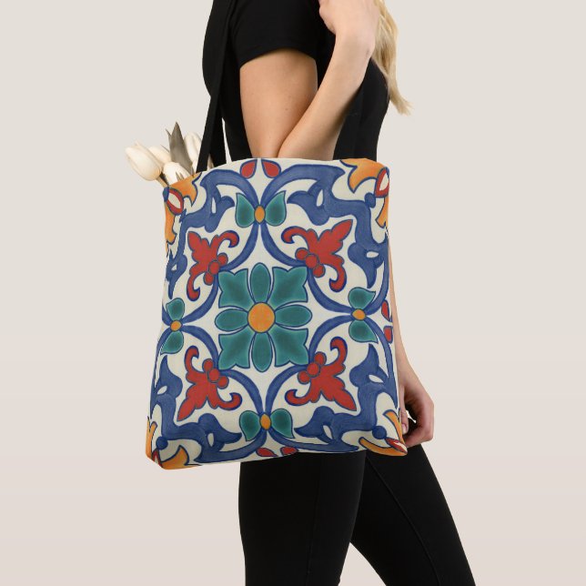 Vintage Portuguese Azulejos Tile Pattern Tote Bag (Close Up)