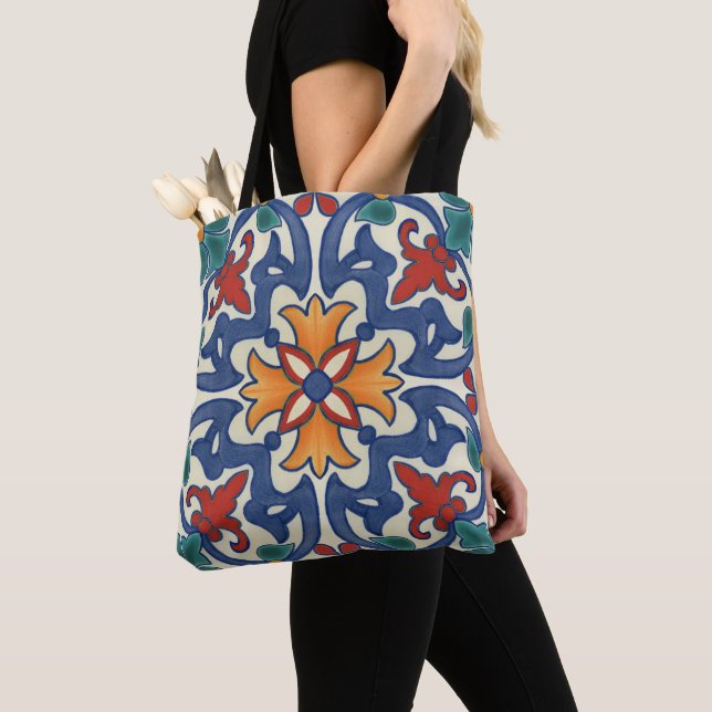 Vintage Portuguese Azulejos Tile Pattern Tote Bag (Close Up)