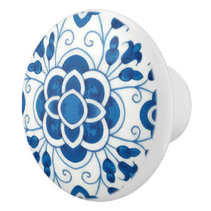 Vintage Portuguese Blue Azulejos Tile Pattern  Ceramic Knob