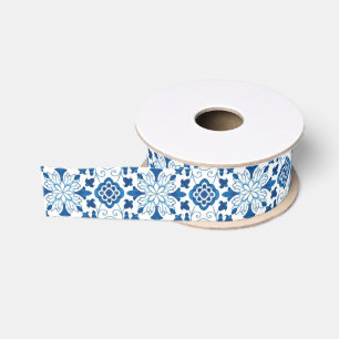 Vintage Portuguese Blue Azulejos Tile Pattern Grosgrain Ribbon
