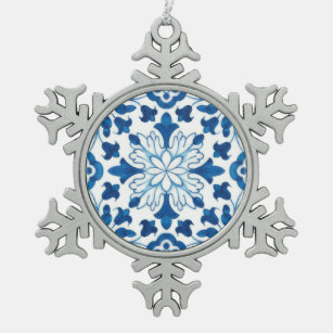 Vintage Portuguese Blue Azulejos Tile Pattern Snowflake Pewter Christmas Ornament