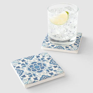 Vintage Portuguese Blue Azulejos Tile Pattern Stone Coaster