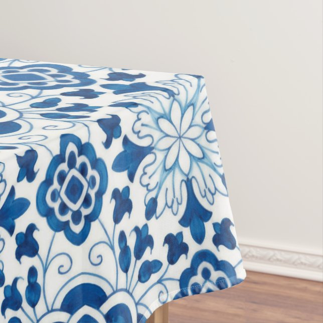 Vintage Portuguese Blue Azulejos Tile Pattern Tablecloth (In Situ)