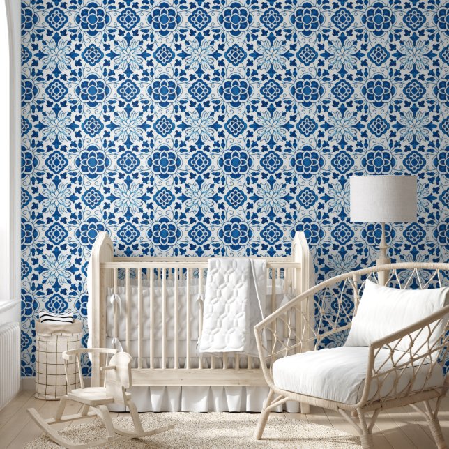Vintage Portuguese Blue Azulejos Tile Pattern Wallpaper (Kids)