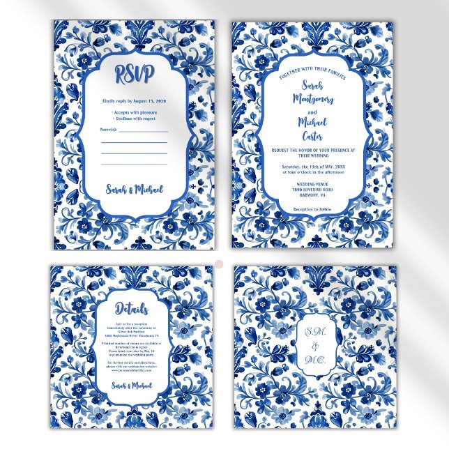 Vintage Portuguese Blue Floral Tile Invitation (historic art,vintage,handpainted,blue,azulejos,portuguese,portugal,azulejos tiles,lisbon,)