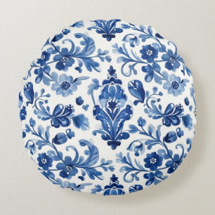 Vintage Portuguese Blue Floral Tile Round Pillow