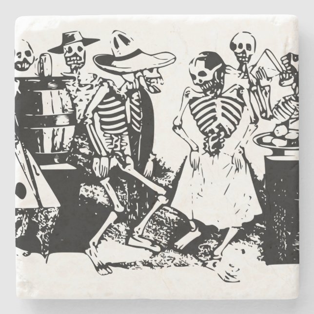 Vintage Posada Mexican Skeleton Dance Stone Coaster (Front)