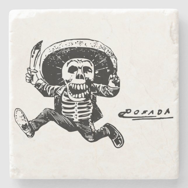 Vintage Posada Mexican Skeleton Knife Stone Coaster (Front)