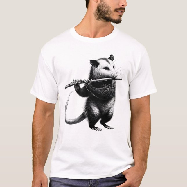 Vintage Possum Opossum Playing Flute Flutist T-Shirt (Front)