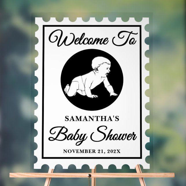 Vintage Postage Stamp Baby Shower Welcome Acrylic Sign (Neutral)