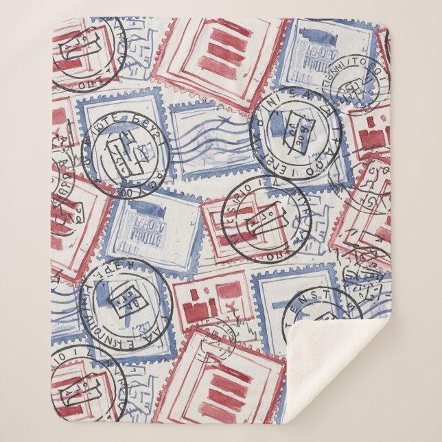 Vintage Postage Stamp Collage Pattern (2) Sherpa Blanket (Front)