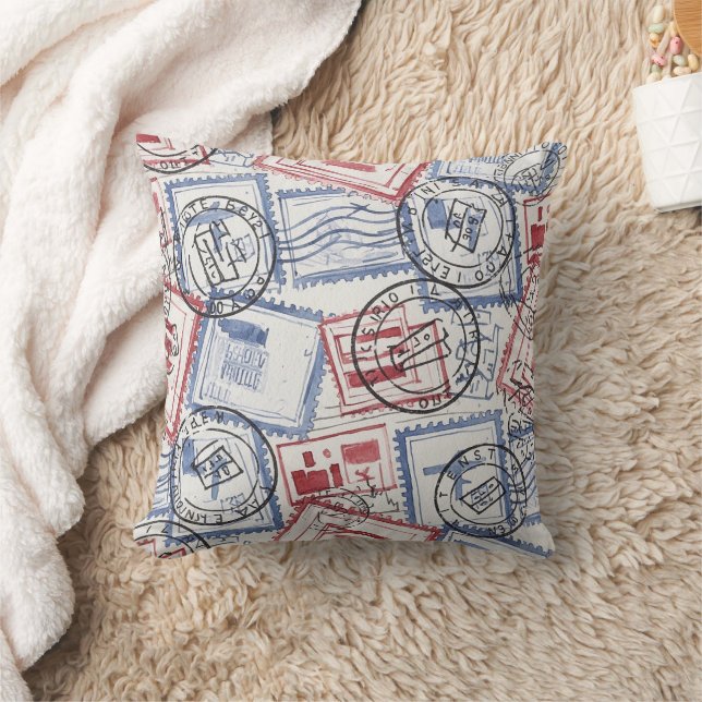 Vintage Postage Stamp Collage Pattern (2) Throw Pillow (Blanket)