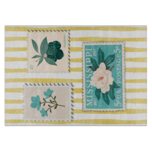Vintage Postage Stamp Kitchen Print Retro Blue Cutting Board