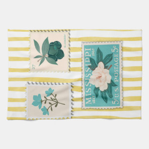 Vintage Postage Stamp Kitchen Print Retro Blue Kitchen Towel