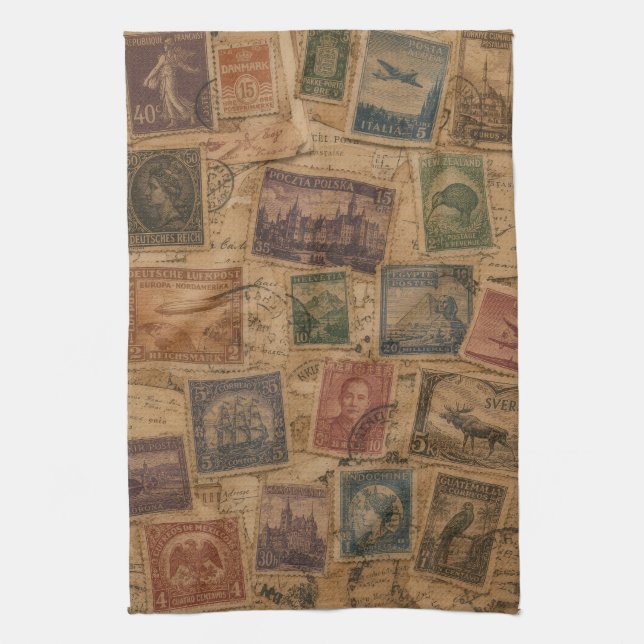 Vintage Postage Stamp Philatelic Ephemera Kitchen Towel (Vertical)