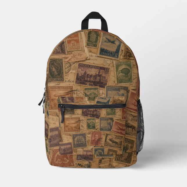 Vintage Postage Stamp Philatelic Ephemera Printed Backpack (Front)