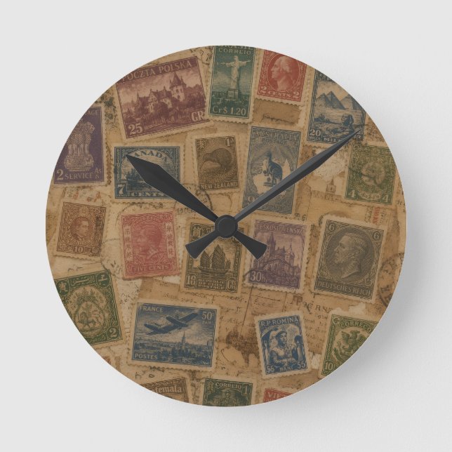 Vintage Postage Stamp Philatelic Ephemera Round Clock (Front)