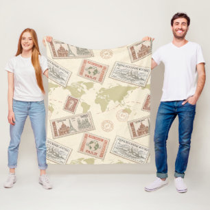 Vintage Postage Stamp World Map Travel (1) Fleece Blanket
