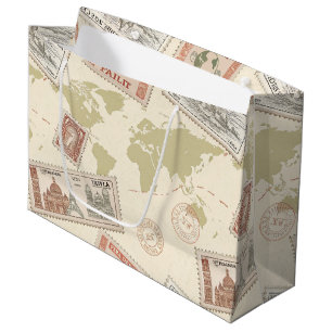 Vintage Postage Stamp World Map Travel (1) Large Gift Bag