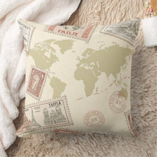 Vintage Postage Stamp World Map Travel (1) Throw Pillow