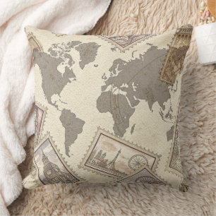 Vintage Postage Stamp World Map Travel (2) Throw Pillow