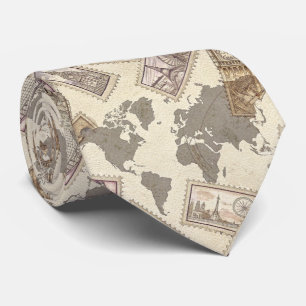 Vintage Postage Stamp World Map Travel (2) Tie
