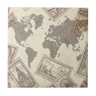 Vintage Postage Stamp World Map Travel (2) Tile